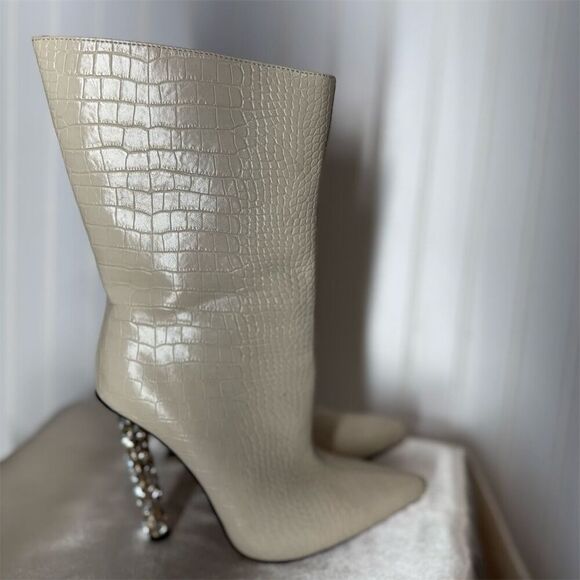 Azalea Wang Cream Croc Embossed Crystal Heel Pointed Toe Boots Size 7.5 - Picture 4 of 9